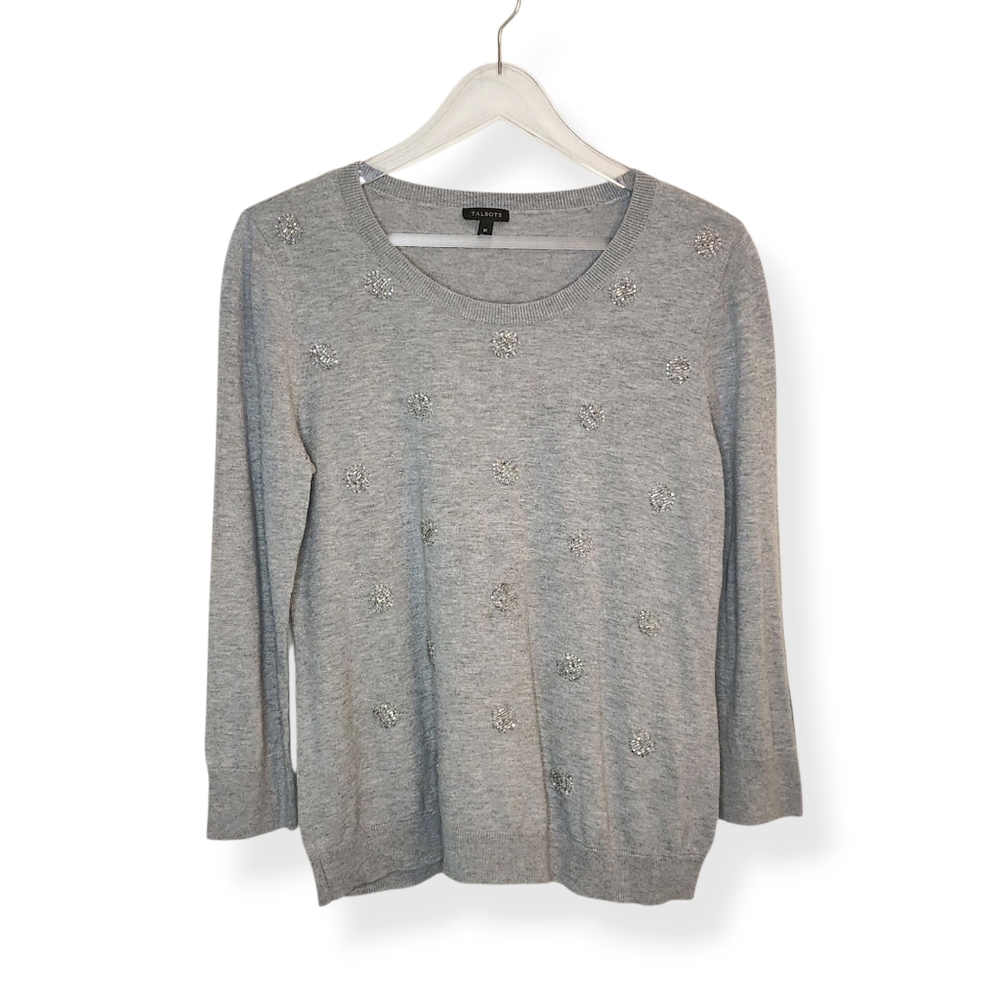 Loft Women's Festive Beaded Polka Dot Gray Long Sleeve Sweater Size Medium